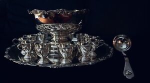 1940s Silver Plated Punch Bowl Set 12 Cups Punch Bowl Tray