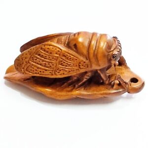 Y7862 2 Hand Carved Boxwood Netsuke Cicada On Leaf