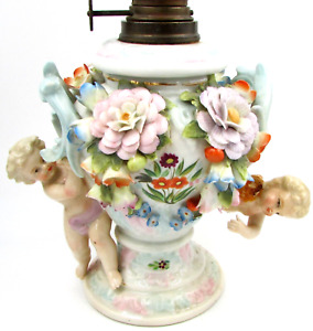Antique Petite Porcelain Oil Lamp Cherubs Intricate Flowers Brenner Burner