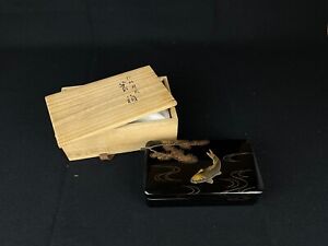 Japanese Antique Makie Gold Inlay Ornament Lacquered Box Zouhiko Signed E343 