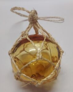 Vtg Amber Glass Fishing Float 9 Round Ball Buoy Nautical Decor With Tied Rope