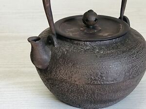 Y3614 Tetsubin Iron Teapot Copper Lid Brush Pattern Tea Kettle Japan Antique
