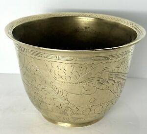Antique Solid Brass Ming Style Hand Etched Chinese Plant Pot Bowl Late Qing