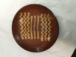 American Redware Pottery Plate Pa 19th Century Slip Decorated