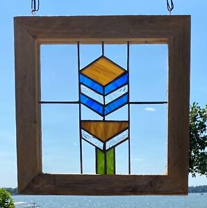 Mission Geometric Framed Stained Glass Window Beige Blue Green Textured Clear