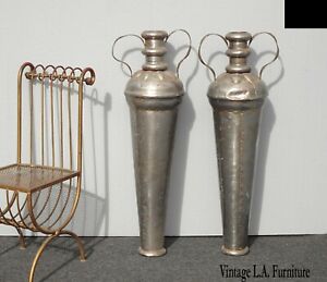 Pair Of Vintage Spanish Style Tall Rustic Silver Vases Urns Room Decor