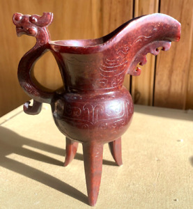 14cm Chinese Antique Red Hetian Jade Dragon And Phoenix Three Legged Horn Cup