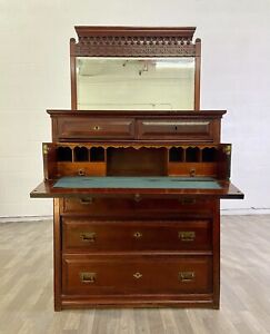 Antique Victorian Eastlake Secretary Desk Chest Of Drawers With Mirror And Keys