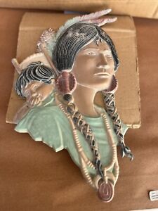 American Indian Bust Metal Wall Mounted Hanging Plaques Hand Painted Home Decor