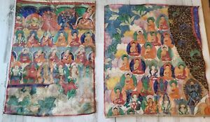 Pair 19th C Antique Tibetan Buddhist Thangka Tangka Paintings From Temple