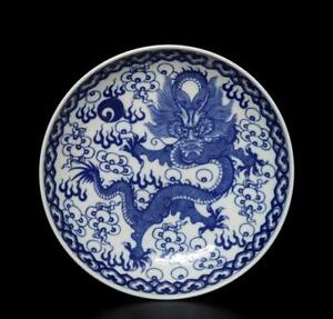 30cm Kangxi Signed Antique Chinese Blue White Porcelain Dish W Dragon