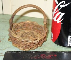 Vintage Basket Miniature Twig Gathering Basket Handmade 3 Round W Stick Handle