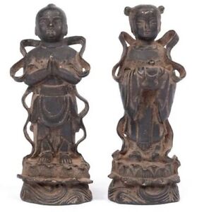 Antique Ming Dynasty Bronze Statues Of Boy And Girl Atop Lotus Throne
