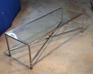 French Neoclassical Chrome Brass Glass Coffee Table After Maison Jansen