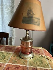 Vtg Orange Marine Navigation Nautical Ship Lantern Glass Gold Desk Lamp