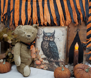 Old Primitive Vintage Folk Art Steampunk Gothic Style Halloween Owl Pumpkin Sign