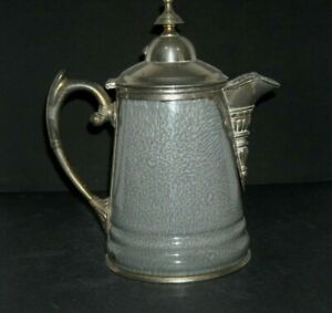 Early 1890 1905 Pewter Trimmed Grey Graniteware Coffee Pot Enamel Ware