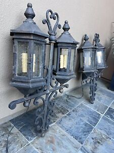 2 Large Antique Cast Iron Outdoor Wall Entry Lights Sconces Circa 1930s Paris