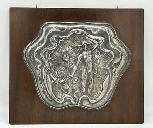 Art Nouveau Silver Plate Jewelry Wall Plaque Woman With Roses In A Shell