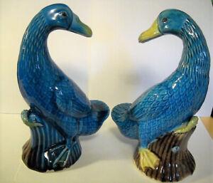 2 Antique Chinese Export Turquoise Mud Duck Figurines Porcelain Polychrome 8 
