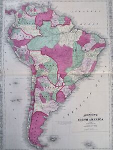 South America Continent 1867 A J Johnson Scarce Issue Large Hand Colored Map