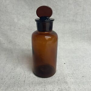 Vtg Amber Glass Apothecary Pharmaceutical Bottle W Stopper Embossed Bottom