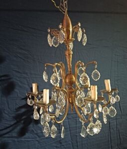 Antique Vintage Bronze Chandelier 6 Light Elaborate Crystals Rare