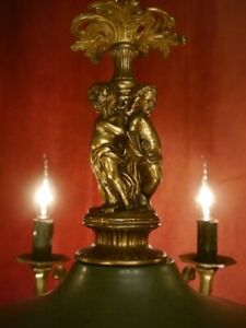 Empire Chandelier Green Varnish Cherubs Figures French Old 6 Lights Brass 24 