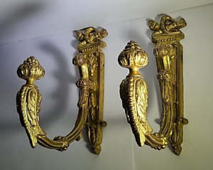 Antique French Arrow Quiver Torch Gilt Brass Neo Classical Curtain Tie Back Pair