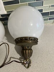 Pair Vintage Pendant Light Shades Opaline Milk Glass Globe Brass Mcm Church