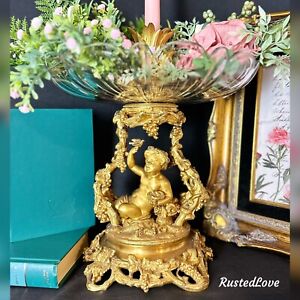 Antique Baroque Brass Putti Cherub Bowl Flower Candle Holder Vase Rocco Italian 