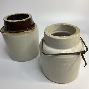 Pair Antique Stoneware Butter Cheese Crock Wire Bales