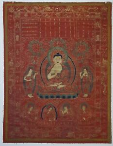 Authentic Antique Hand Painted 19th 20th Century Tibetan Red Gold Thangka Buddha