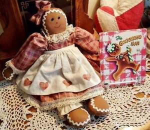 Vtg Folk Art Handmade Gingerbread Stuffed Doll Old 1953 Gingerbread Man Book
