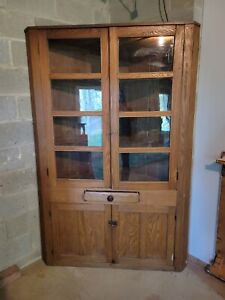 Antique Primitive Corner Cupboard Cabinet Glass Doors Local Pickup Wv