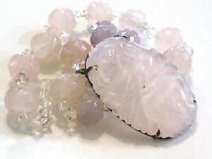 Antique Asian Chinese Export Carved Rose Quartz Amethyst Sterling Necklace