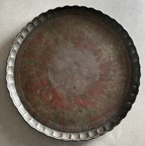 Large Antique Persian Islamic Hand Hammered Copper Tray Table Top 25 Signed