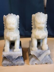 Vintage Heavy Chinese Handcarved Soapstone Marble Foo Dog Statues Bookends