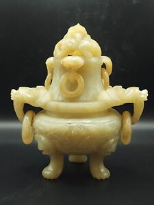19th C Chinese Hand Carved Pale Green Celadon Jade Censer With Lid