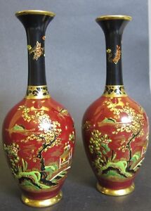 Superb Pair Of Carlton Ware Vases C 1930 Mint Chinese Temple Art Deco