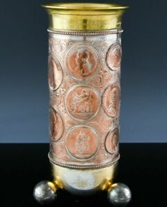 Rarec1900 Silver Copper Brass Footed Vase Beaker Applied German Austrian Coins
