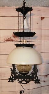 Victorian Bradley Hubbard Cast Iron Pull Down Hanging Oil Lamp Electric