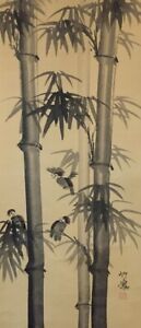 U0232 Japanese Vintage Hanging Scroll Kakejiku Hand Paint Silk Bamboo Signed