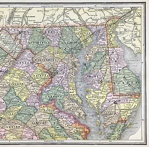 1889 Maryland Delaware Map Original Chesapeake Bay Richmond Washington Norfolk