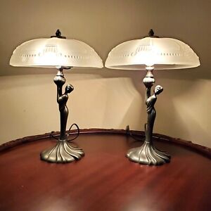 Pair Of Art Nouveau Figural Lamps Of A Young Maiden With Glass Shades