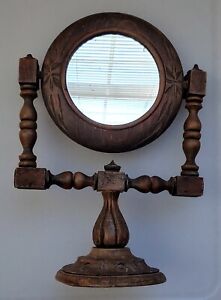Rustic Antique Carved Wood Dresser Vanity Shaving Mirror On Stand 14 5 Swivels