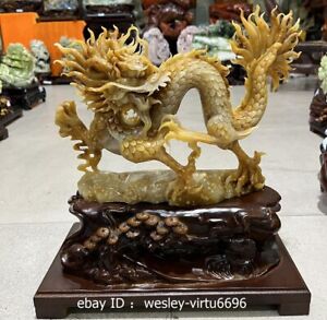 Pure Natural Yellow Jade Stone Handmade Carved Lucky Dragon Statue Art Ornaments