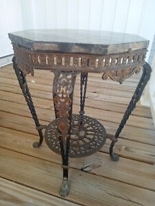 1920s Antique Bronze And Iron Marble Side Table Attrib Oscar Bach