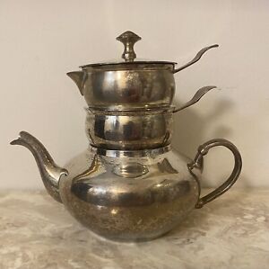 Silver Plated Heavy Teapot Set Oriental Teapot Creamer Sugar Bowl Stacking Mcm