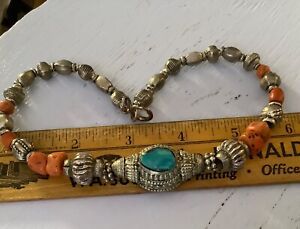 Vtg Tibetan Sterling Silver Nepal Turquoise Hair Ornament Coral Bead Necklace